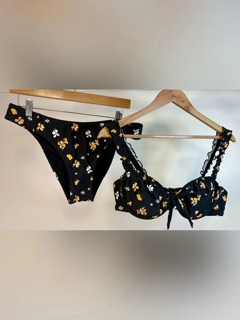 NWT Cupshe black swimsuit with orange and yellow floral trim L